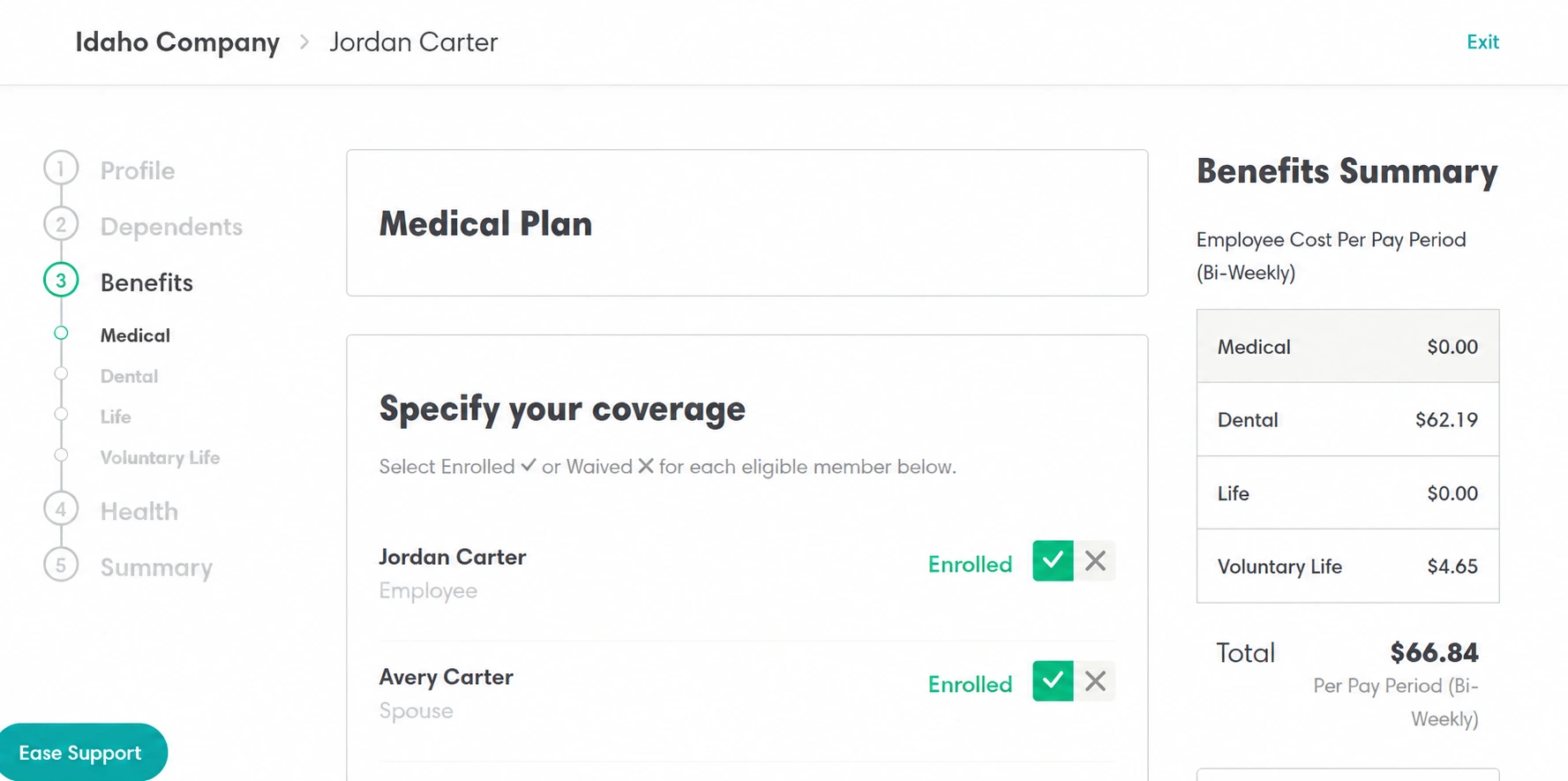 Illustrative Ease enrollment screen for Jordan Carter and spouse Avery Carter, with coverage selections and a benefit-by-benefit cost summary totaling $66.84 per biweekly pay period.