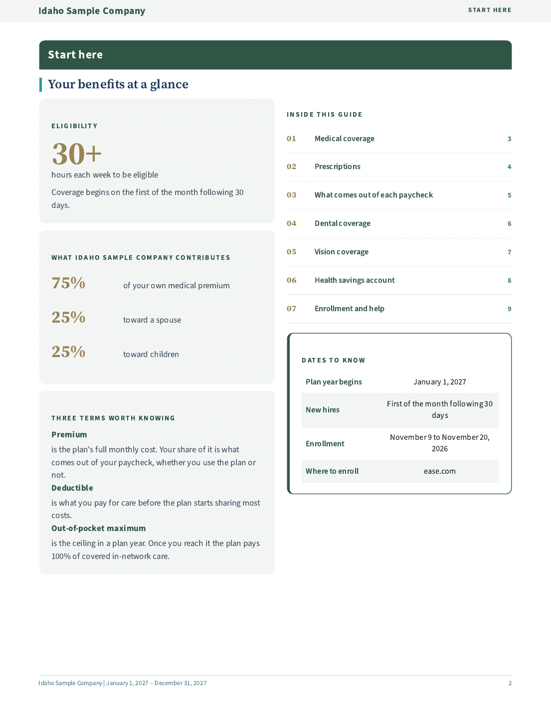 Sample guide explains eligibility, contributions, common terms, and enrollment dates