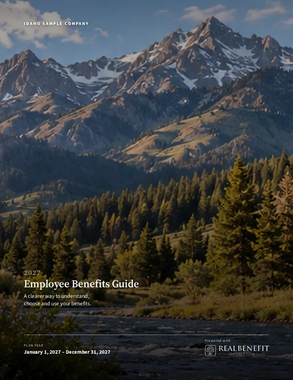 Sample employee benefits guide with a mountain landscape cover